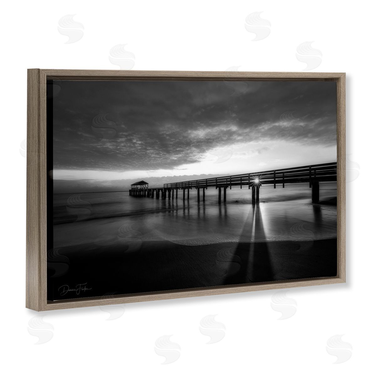 Sun Shining Through Dock Brown Floating Frame Canvas Wall Art, Home Decor by Dennis Frates