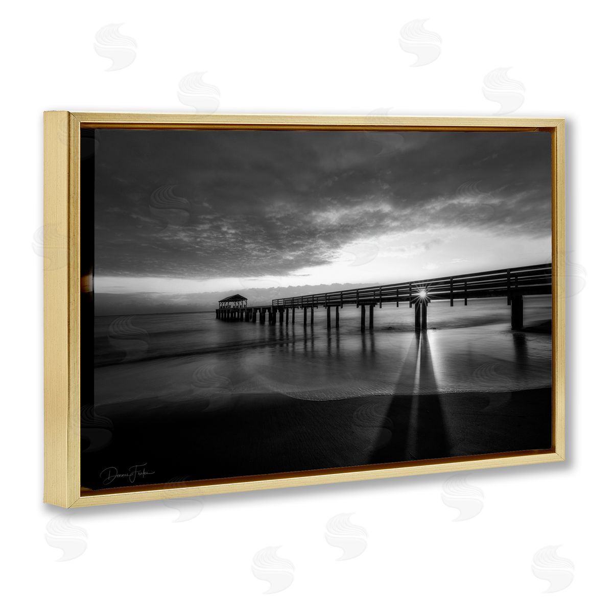 Sun Shining Through Dock Gold Floating Frame Canvas Wall Art, Home Decor by Dennis Frates