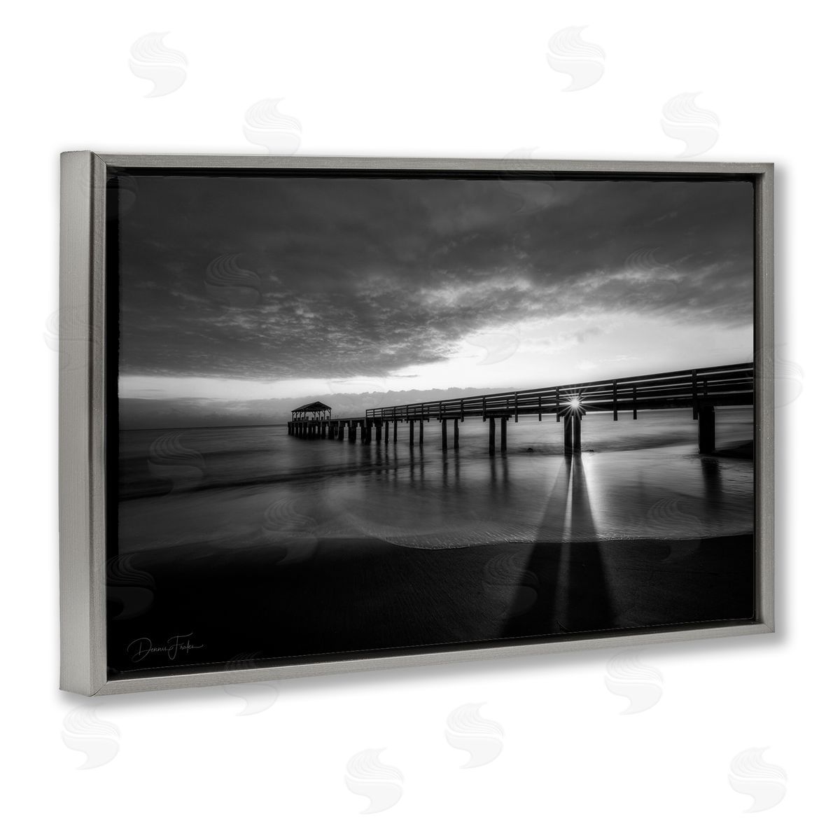Sun Shining Through Dock Grey Floating Frame Canvas Wall Art, Home Decor by Dennis Frates