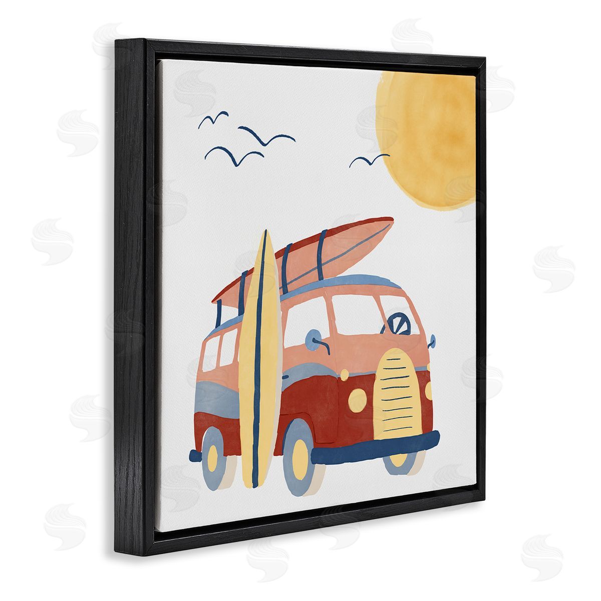 Summer Surf Bus Black Floating Frame Canvas Wall Art, Home Decor by Carrie Cantwell