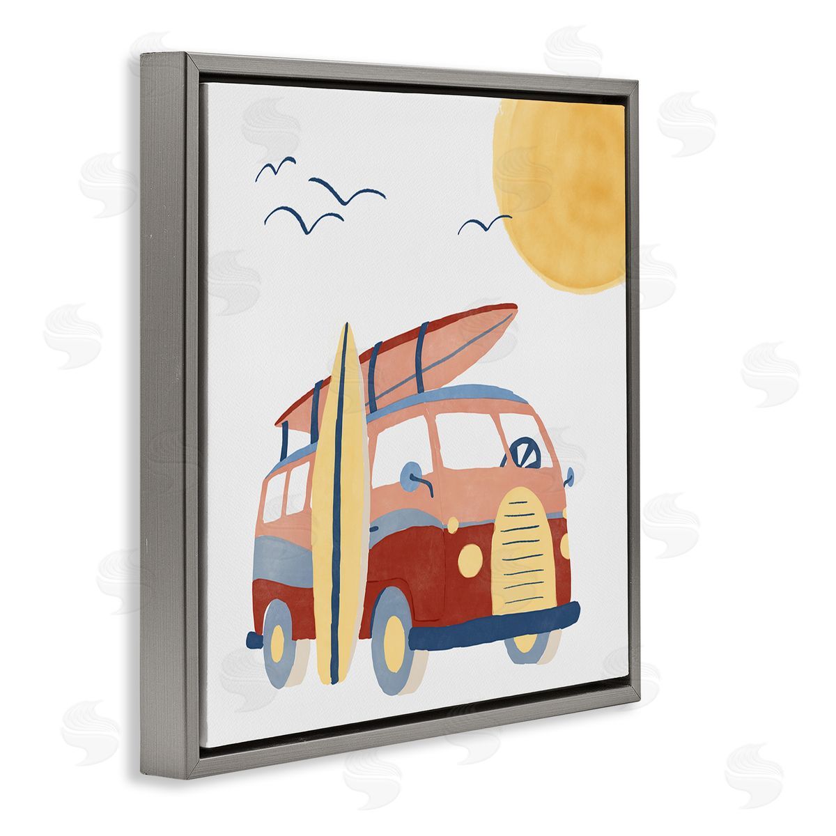 Summer Surf Bus Grey Floating Frame Canvas Wall Art, Home Decor by Carrie Cantwell
