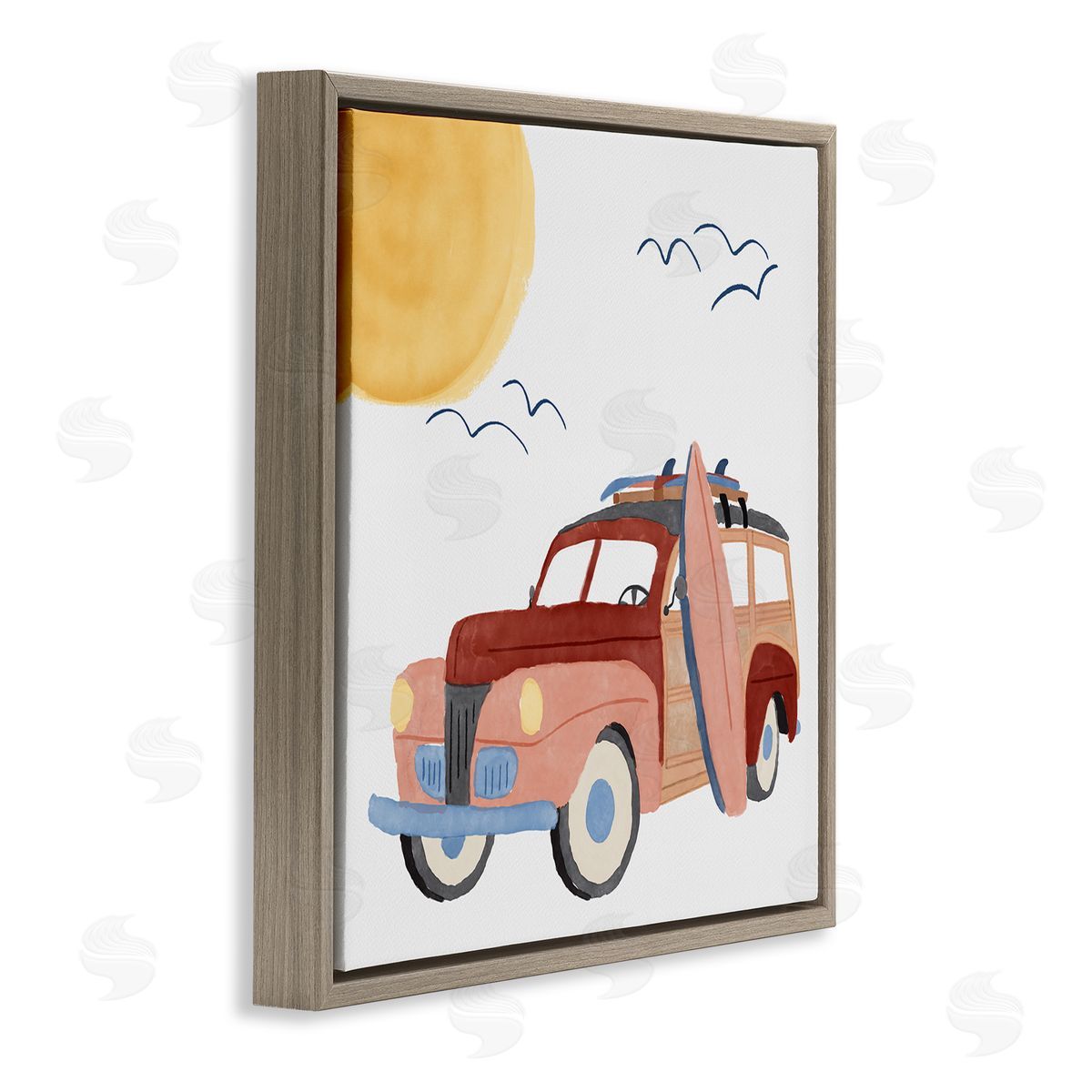 Summer Surf Wagon Brown Floating Frame Canvas Wall Art, Home Decor by Carrie Cantwell
