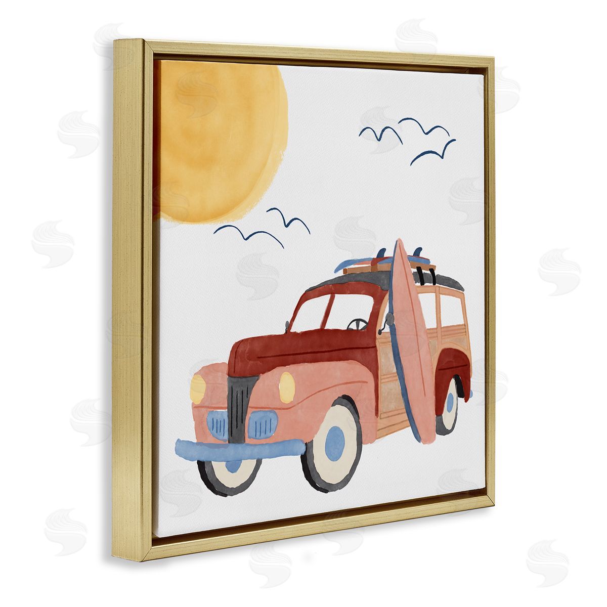 Summer Surf Wagon Gold Floating Frame Canvas Wall Art, Home Decor by Carrie Cantwell
