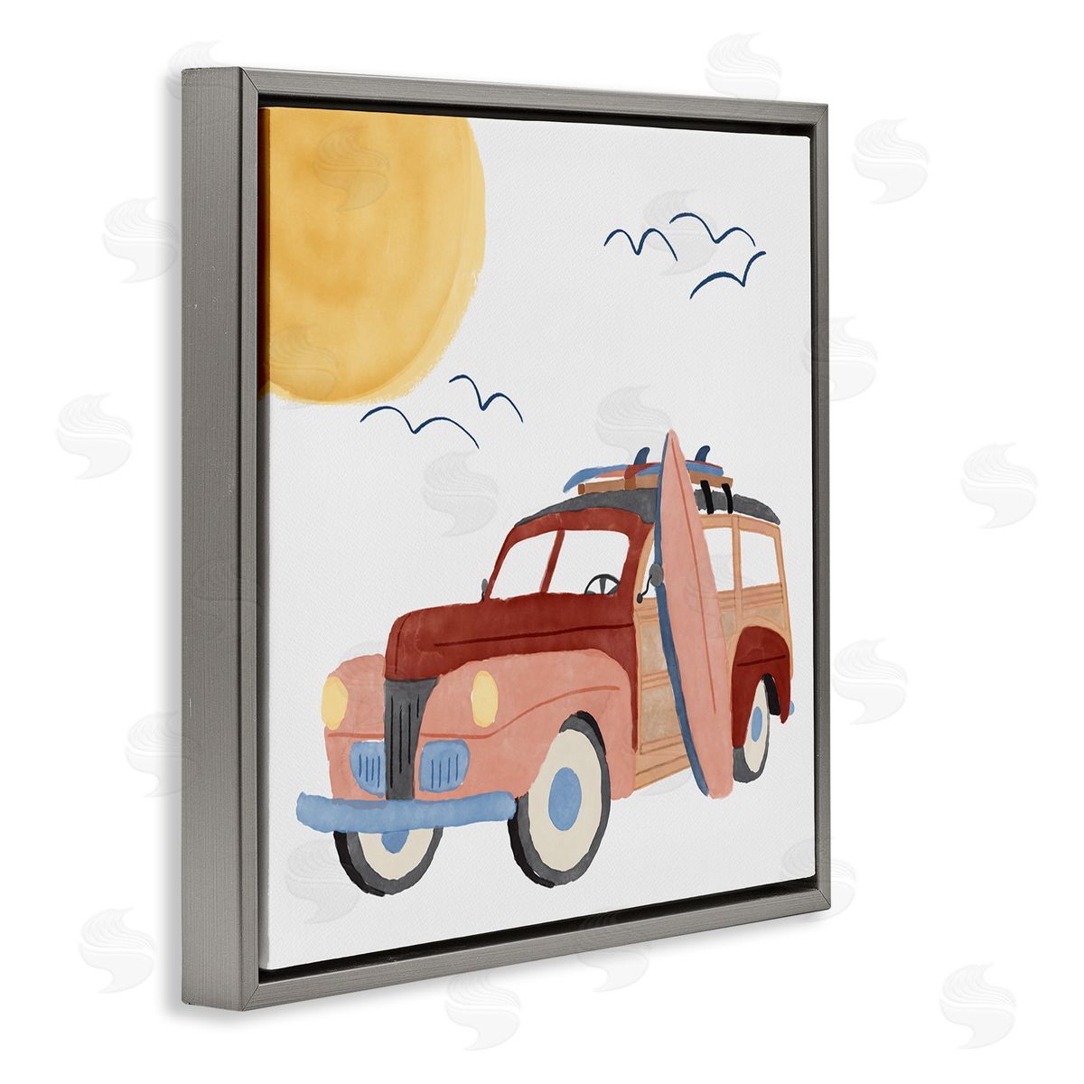 Summer Surf Wagon Grey Floating Frame Canvas Wall Art, Home Decor by Carrie Cantwell