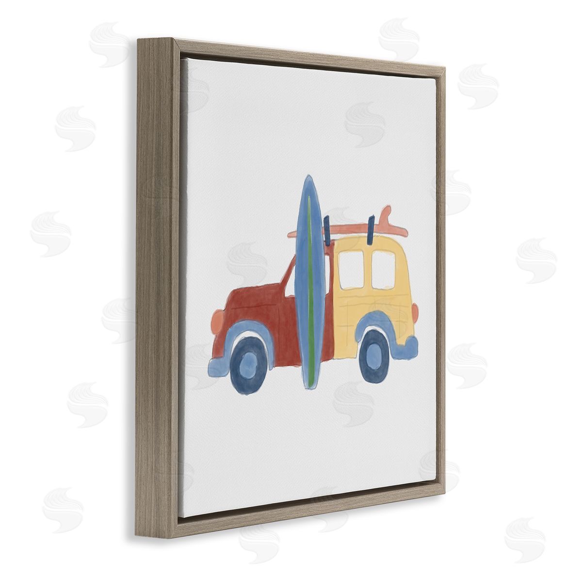 Summer Beach Wagon Brown Floating Frame Canvas Wall Art, Home Decor by Carrie Cantwell