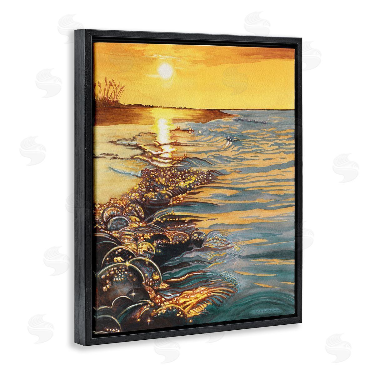Saltwater Beach Sunset Black Floating Frame Canvas Wall Art, Home Decor by Christine Reichow