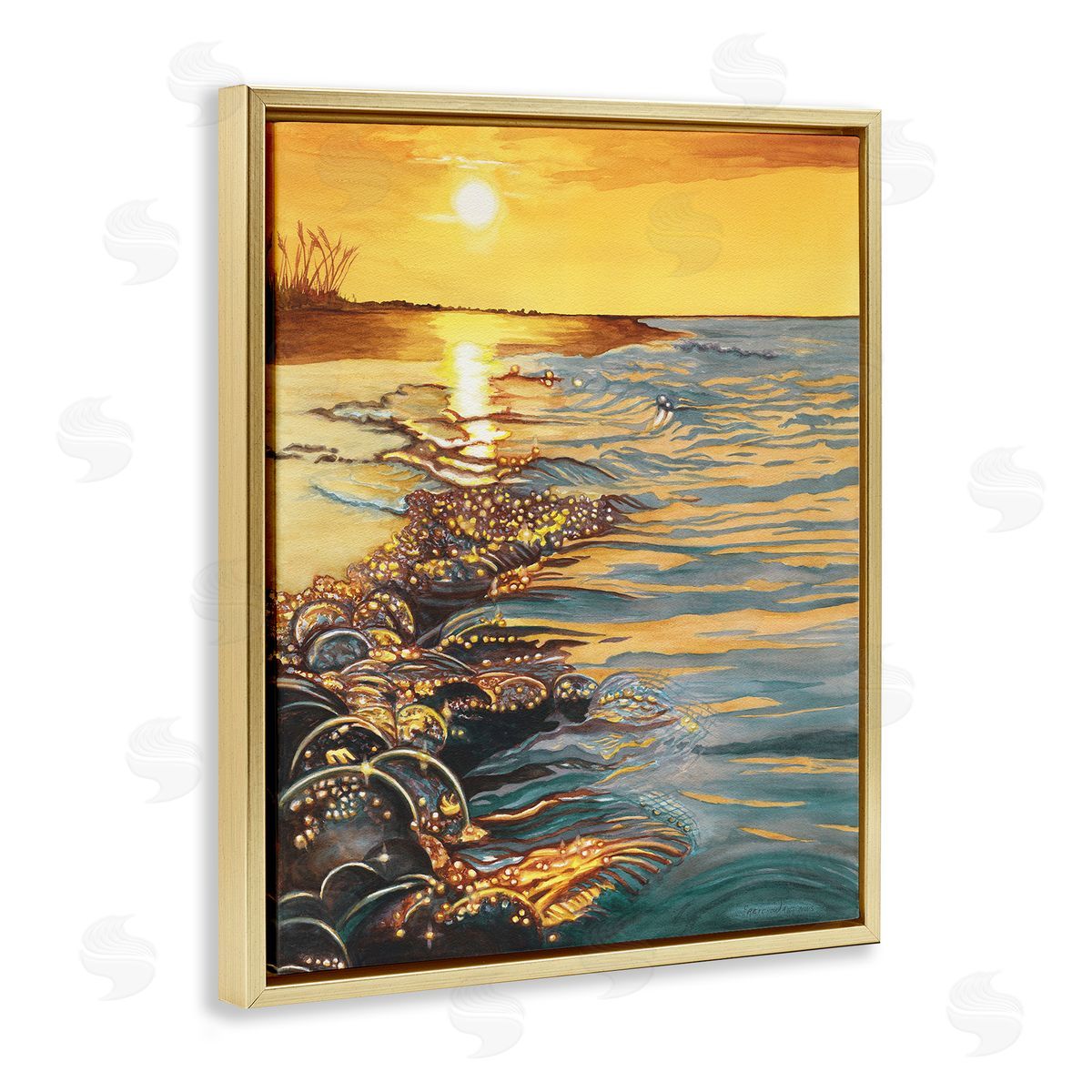 Saltwater Beach Sunset Gold Floating Frame Canvas Wall Art, Home Decor by Christine Reichow