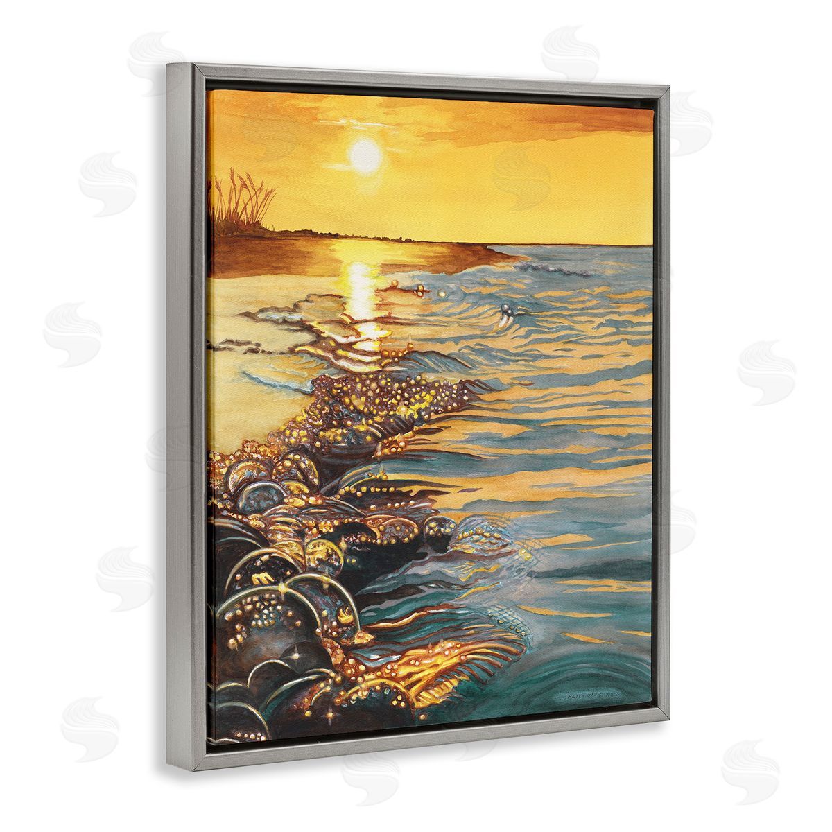 Saltwater Beach Sunset Grey Floating Frame Canvas Wall Art, Home Decor by Christine Reichow