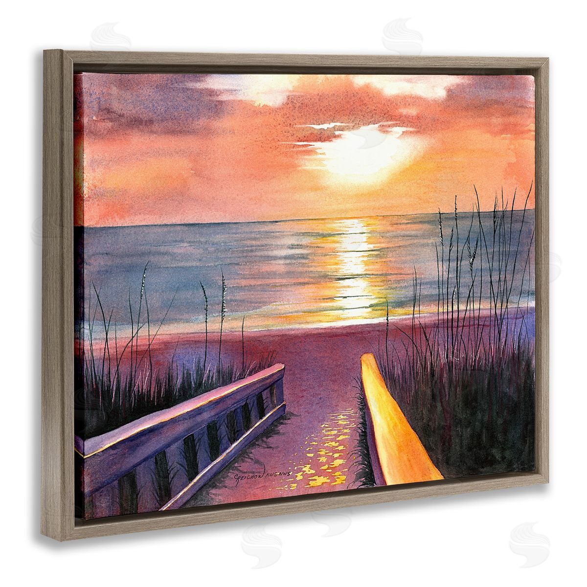 Sea Sunset Reflection Brown Floating Frame Canvas Wall Art, Home Decor by Christine Reichow