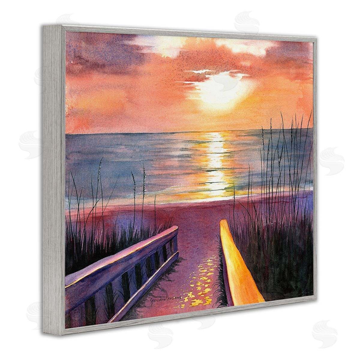 Sea Sunset Reflection Grey Frame Print Wall Art, Home Decor by Christine Reichow