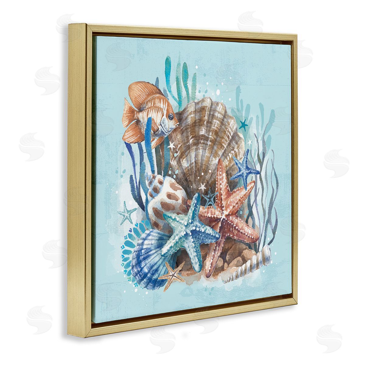 Seashell Still Life Gold Floating Frame Canvas Wall Art, Home Decor by Courtney Morgenstern