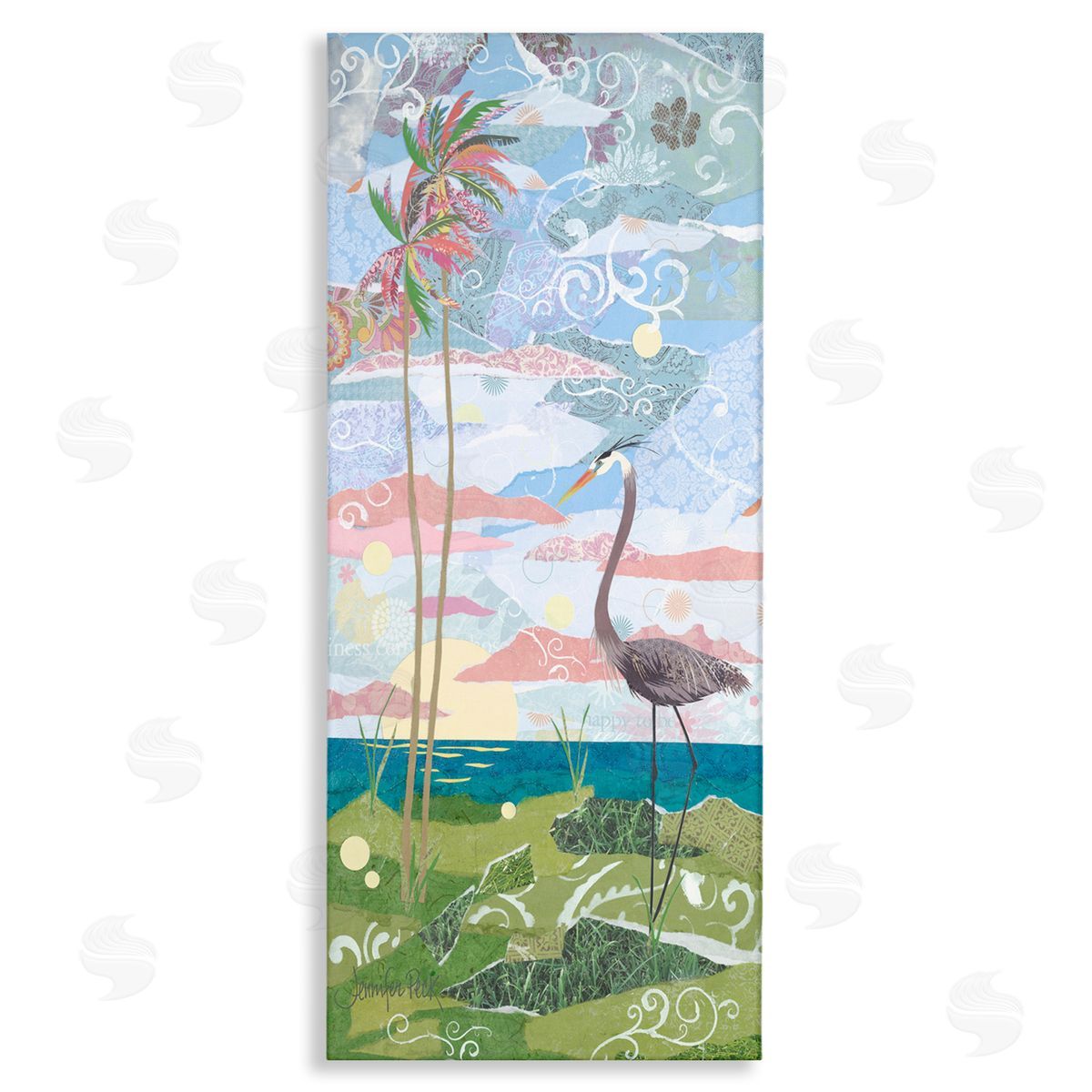 Crane and Swirled Landscape Canvas Wall Art, Home Decor by Jennifer Peck