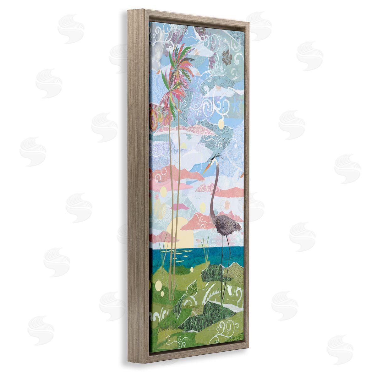 Crane and Swirled Landscape Brown Floating Frame Canvas Wall Art, Home Decor by Jennifer Peck