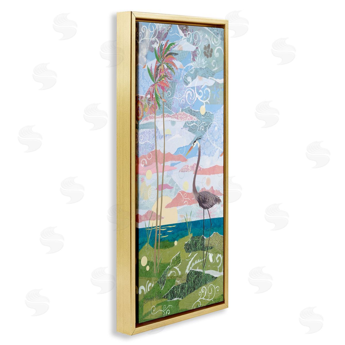 Crane and Swirled Landscape Gold Floating Frame Canvas Wall Art, Home Decor by Jennifer Peck