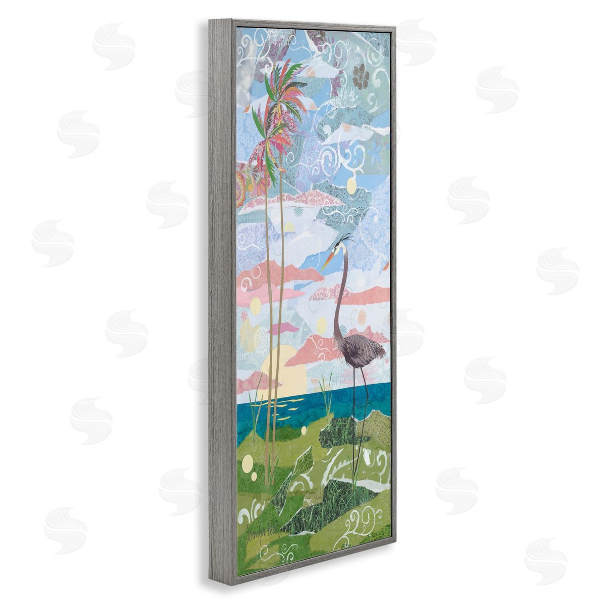 Crane and Swirled Landscape Grey Frame Print Wall Art, Home Decor by Jennifer Peck