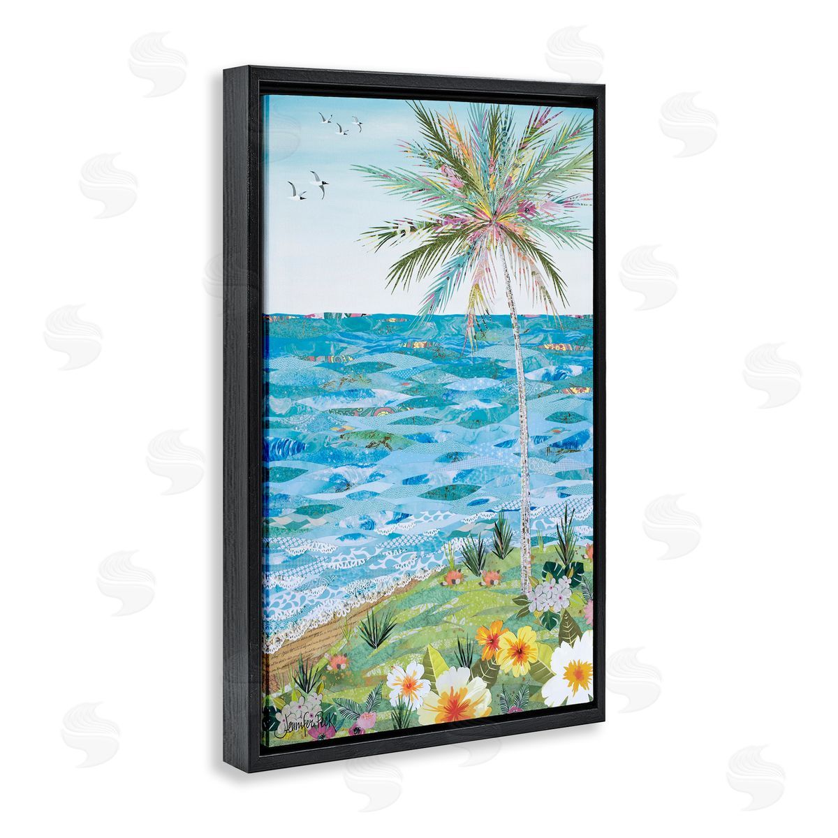 Collaged Tropical Landscape Black Floating Frame Canvas Wall Art, Home Decor by Jennifer Peck