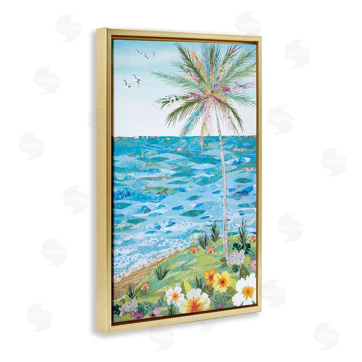 Collaged Tropical Landscape Gold Floating Frame Canvas Wall Art, Home Decor by Jennifer Peck