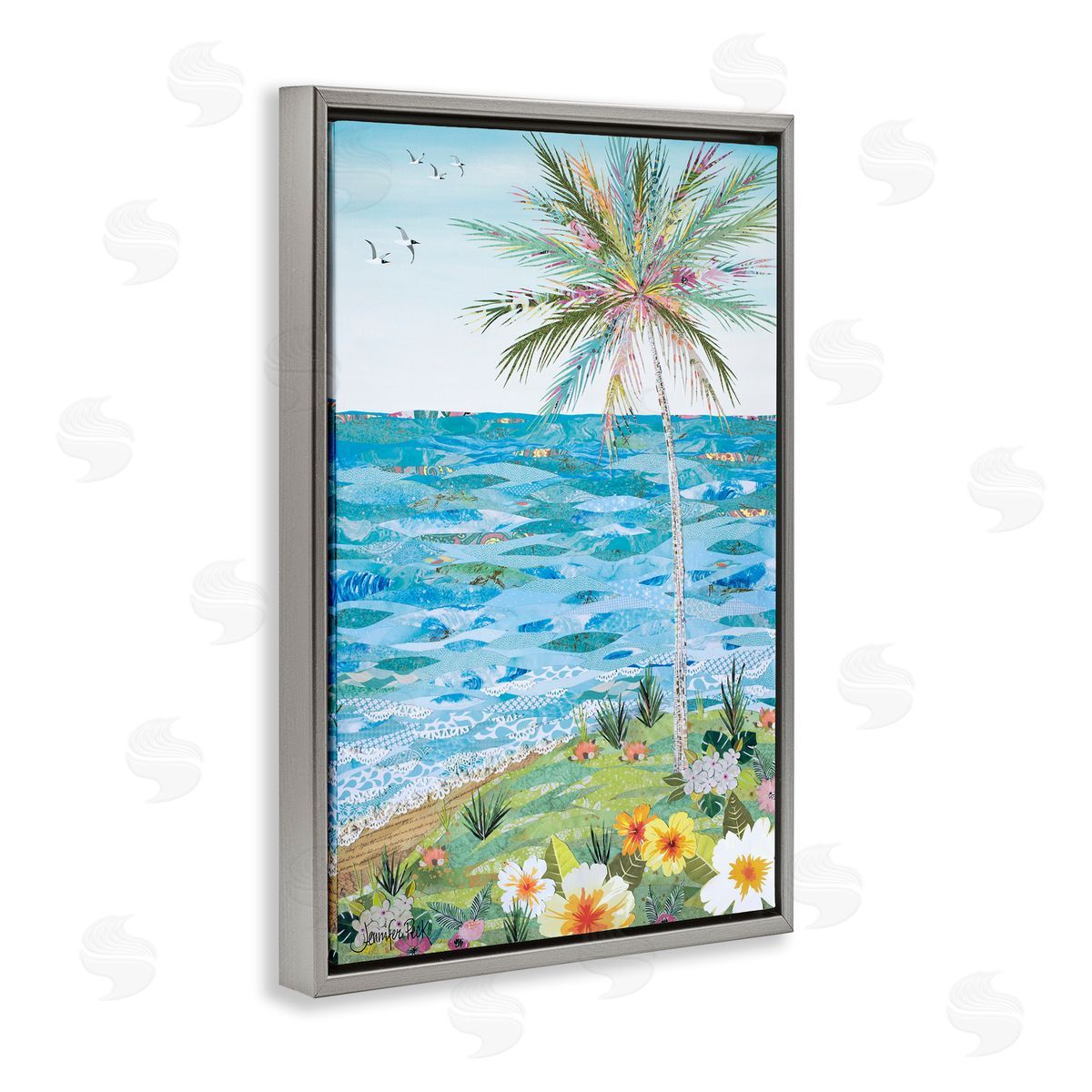 Collaged Tropical Landscape Grey Floating Frame Canvas Wall Art, Home Decor by Jennifer Peck