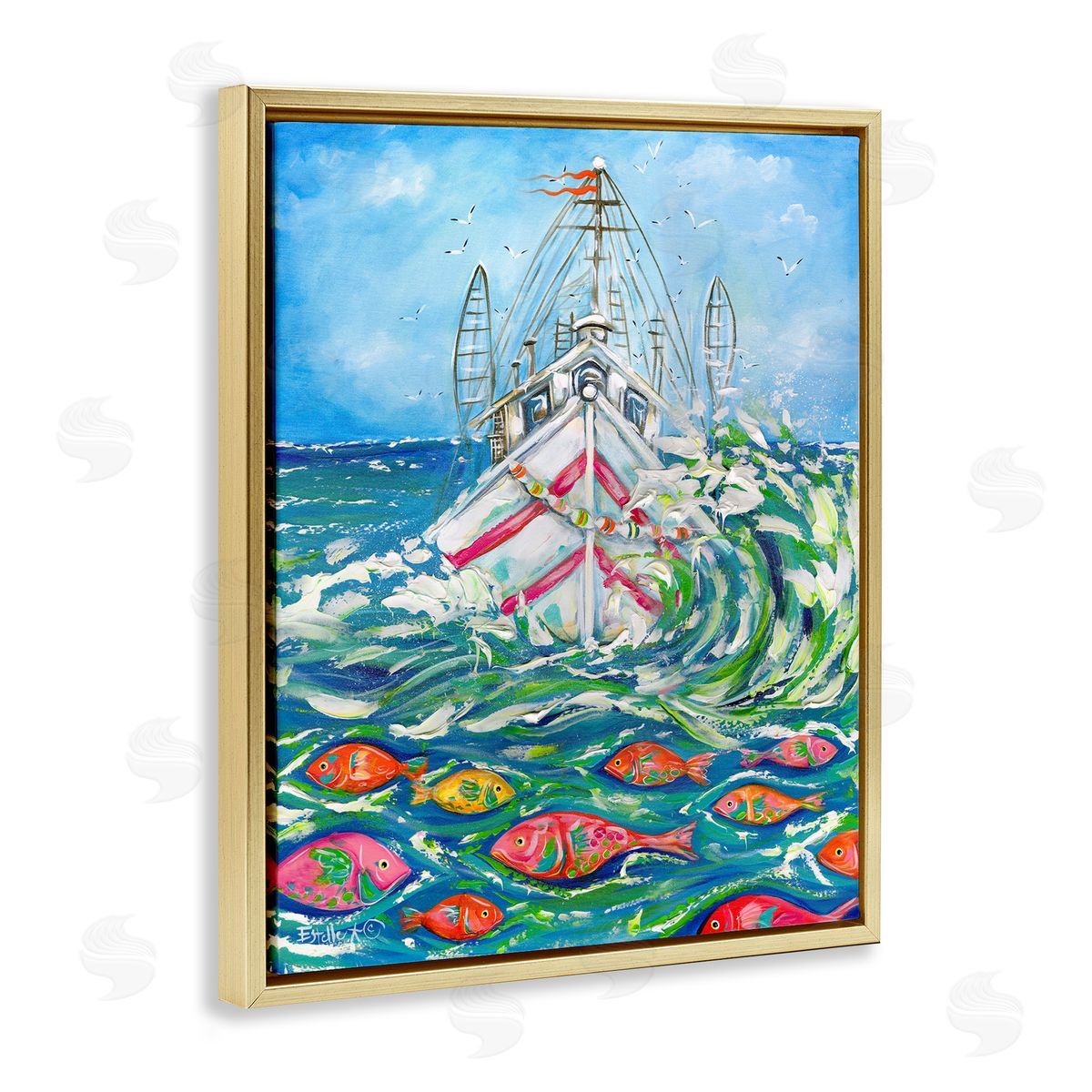 Boat Net Splashing Gold Floating Frame Canvas Wall Art, Home Decor by Estelle Grengs