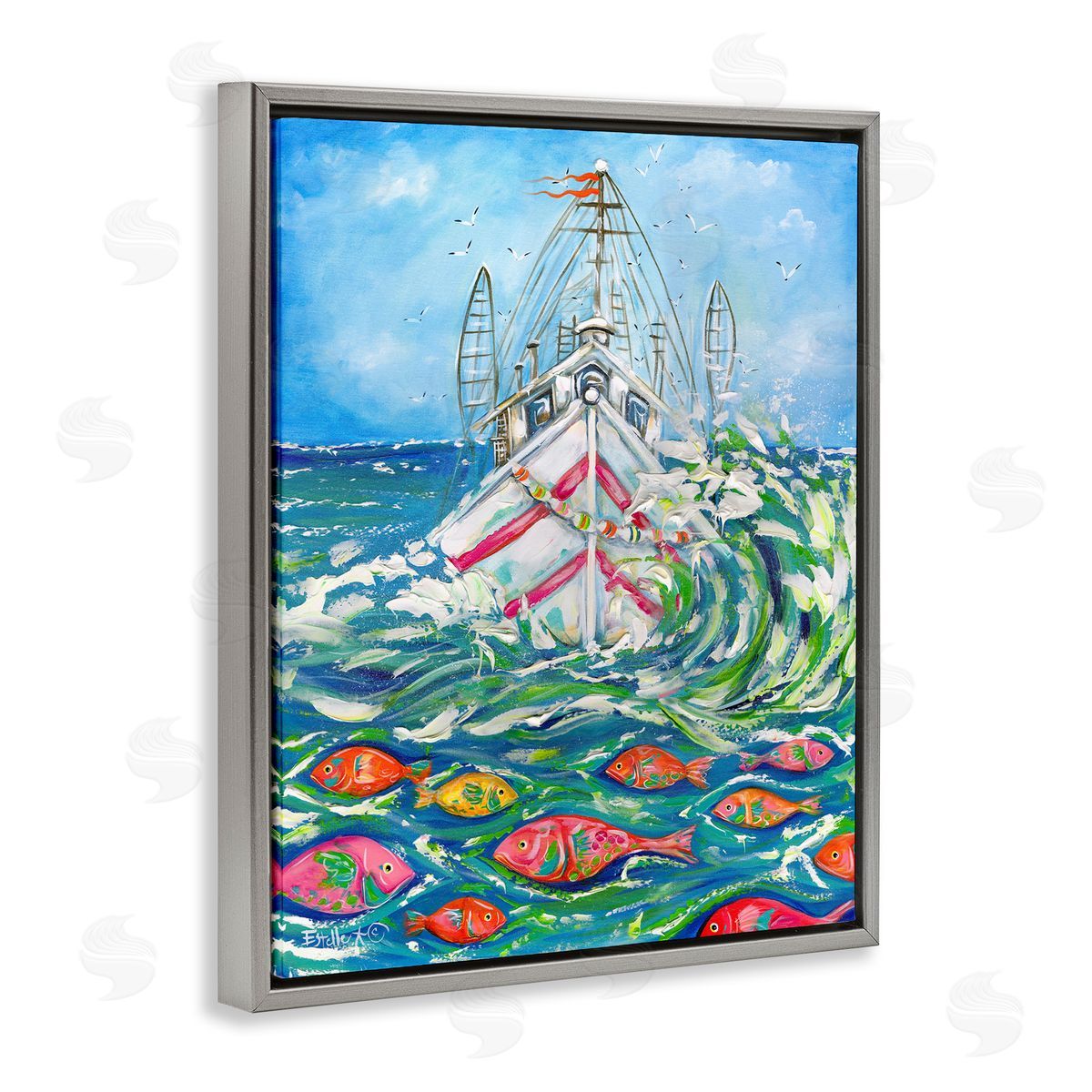Boat Net Splashing Grey Floating Frame Canvas Wall Art, Home Decor by Estelle Grengs