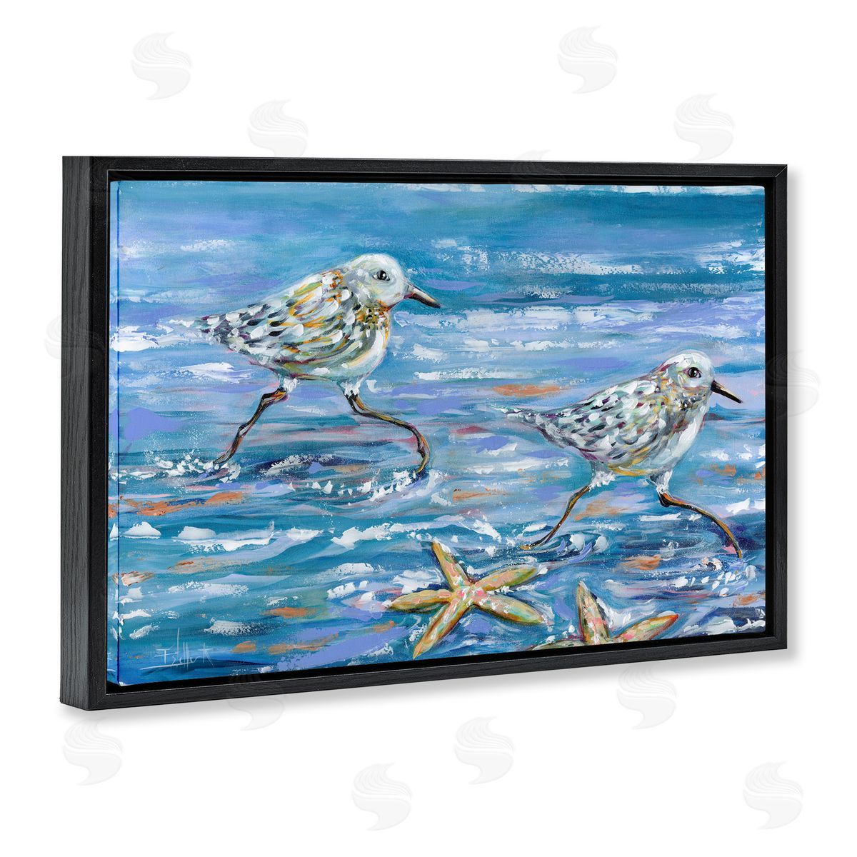 Running Sea Sandpipers Black Floating Frame Canvas Wall Art, Home Decor by Estelle Grengs