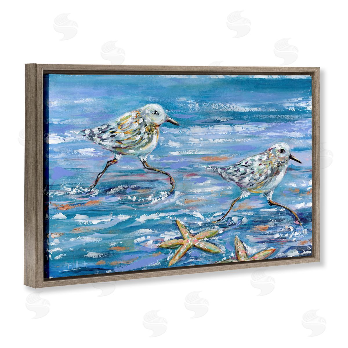 Running Sea Sandpipers Brown Floating Frame Canvas Wall Art, Home Decor by Estelle Grengs