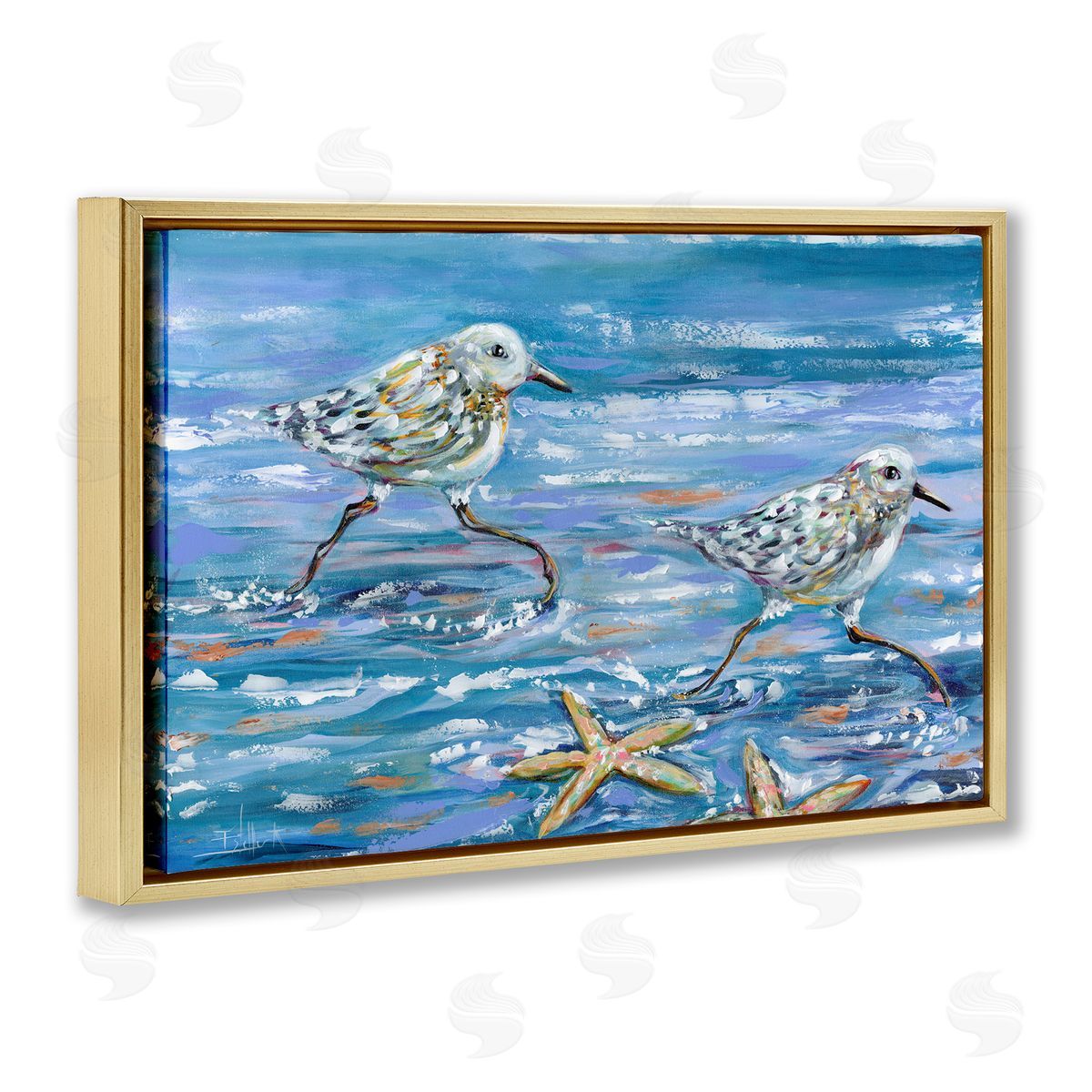 Running Sea Sandpipers Gold Floating Frame Canvas Wall Art, Home Decor by Estelle Grengs