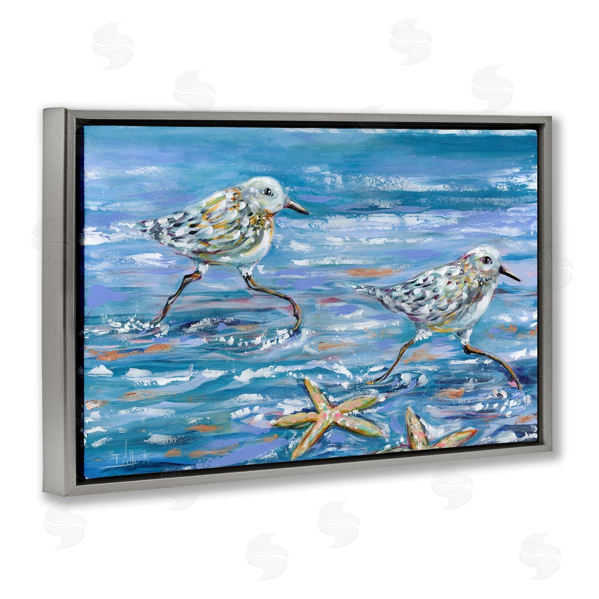 Running Sea Sandpipers Grey Floating Frame Canvas Wall Art, Home Decor by Estelle Grengs