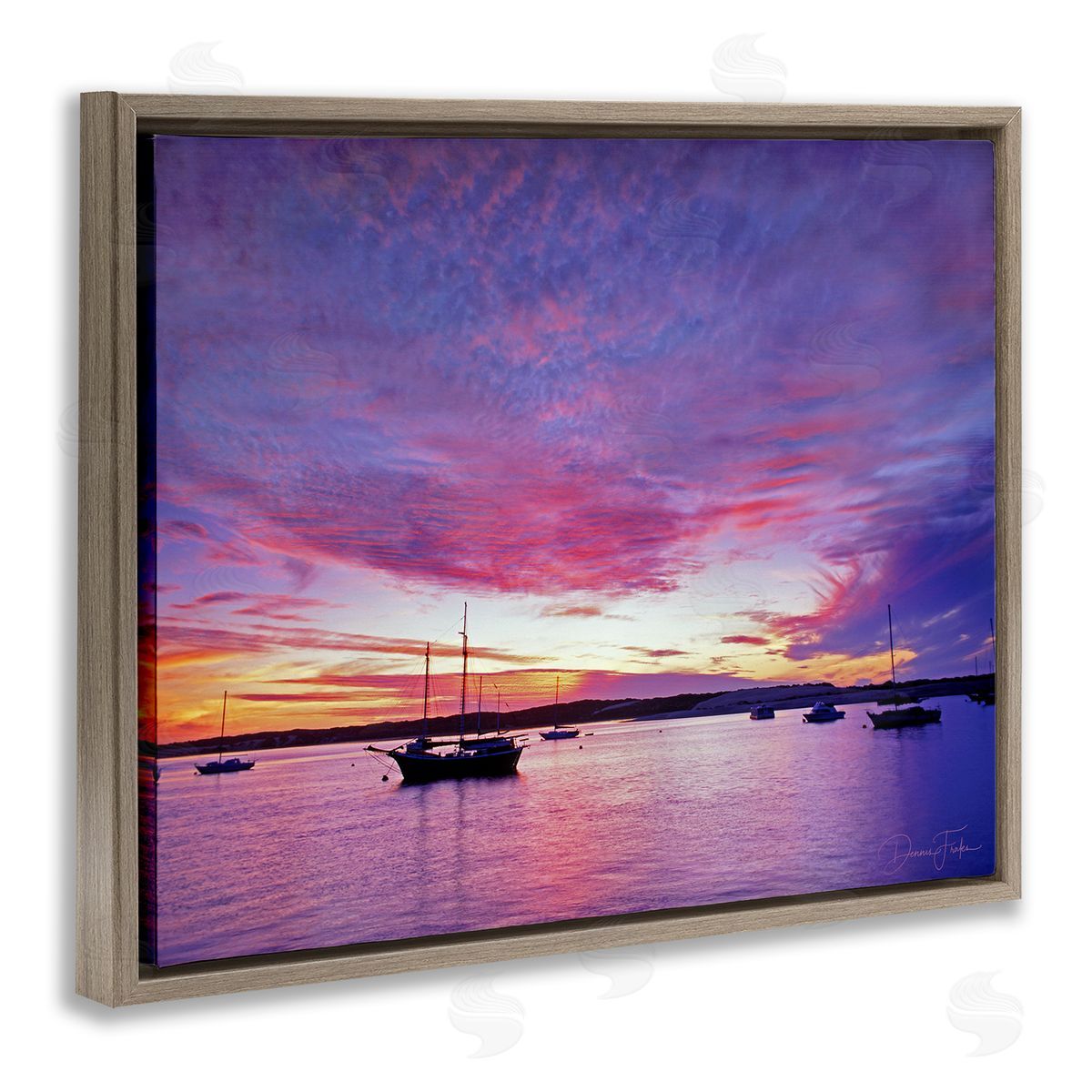 Dennis Frates Distant Boats at Sunset Brown Floating Frame Canvas Wall Art Print
