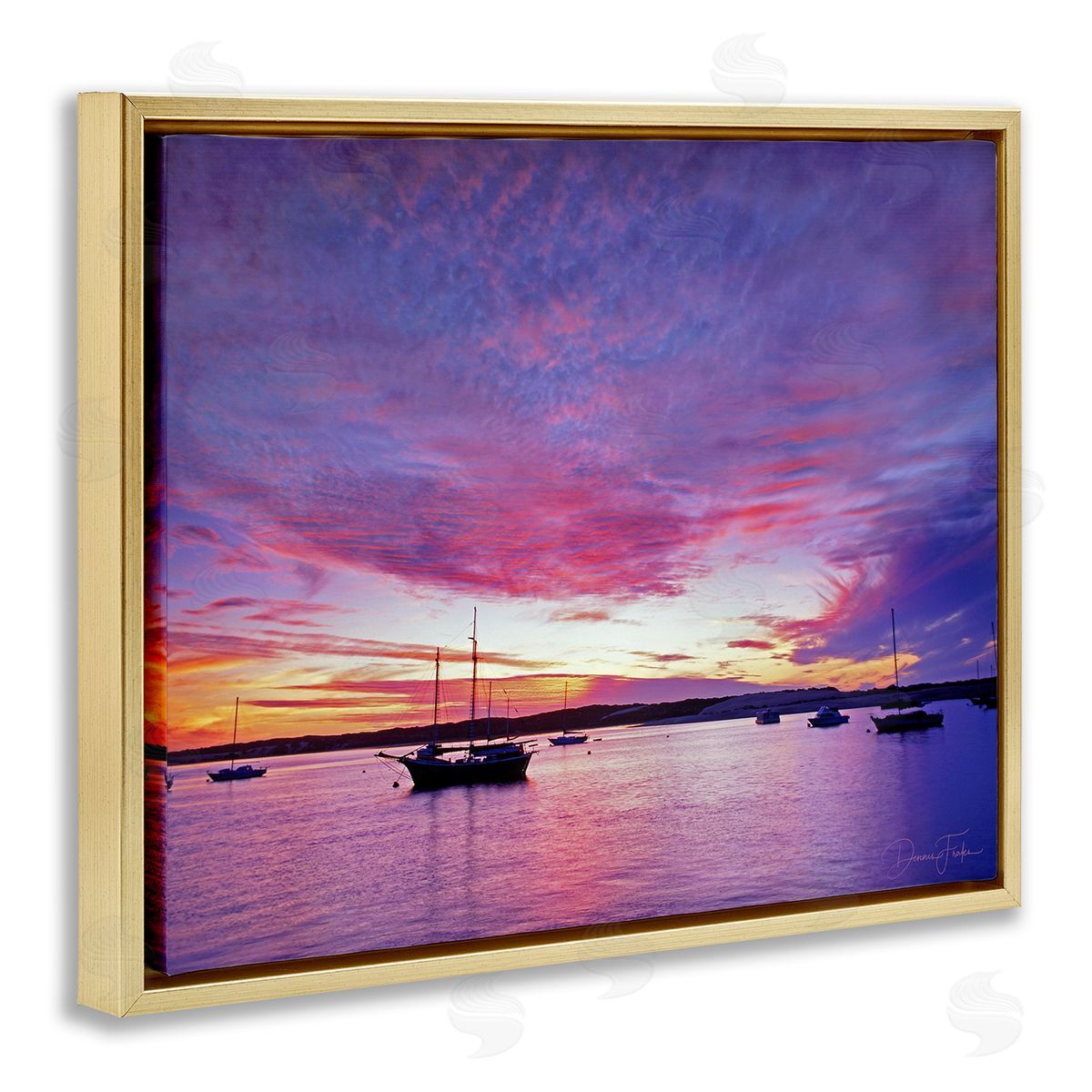 Dennis Frates Distant Boats at Sunset Gold Floating Frame Canvas Wall Art Print