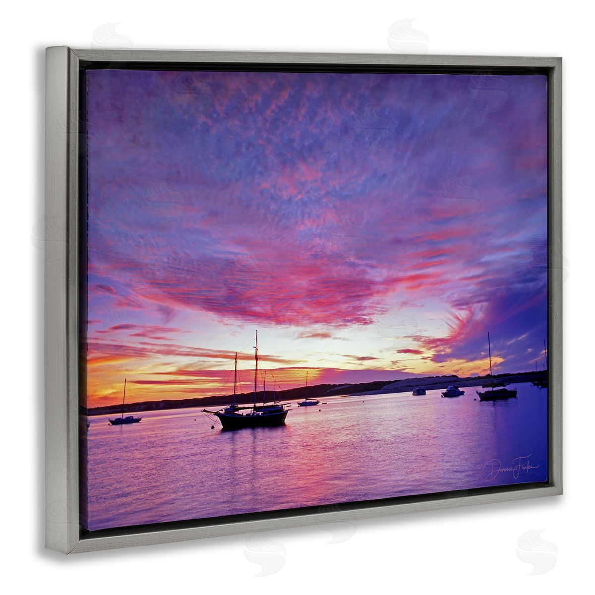 Dennis Frates Distant Boats at Sunset Gray Floating Frame Canvas Wall Art Print