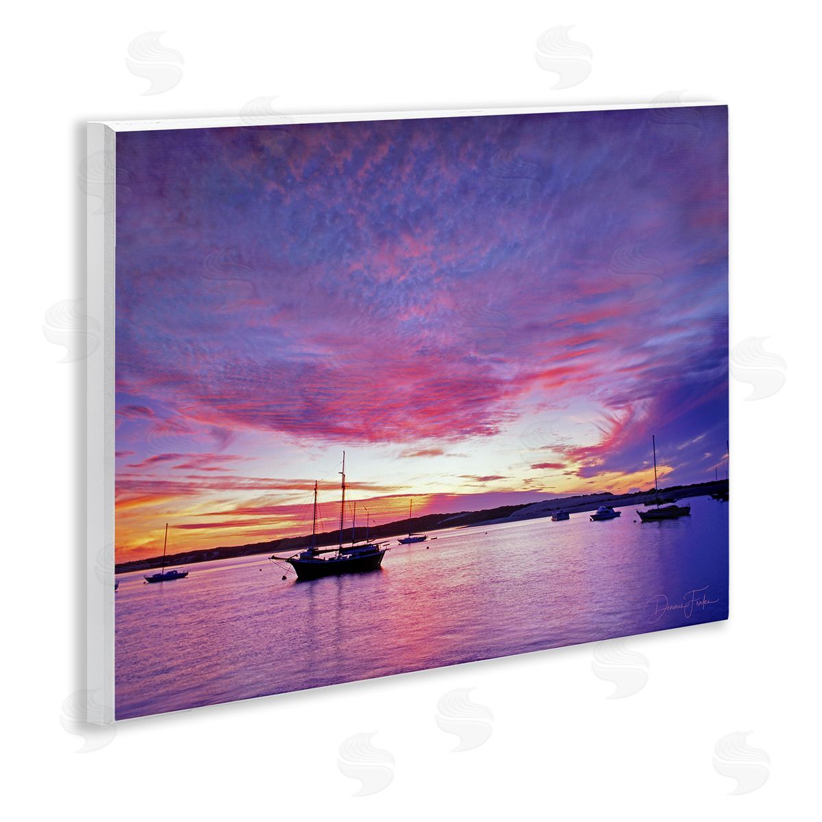 Dennis Frates Distant Boats at Sunset Wooden Wall Plaque Art Print
