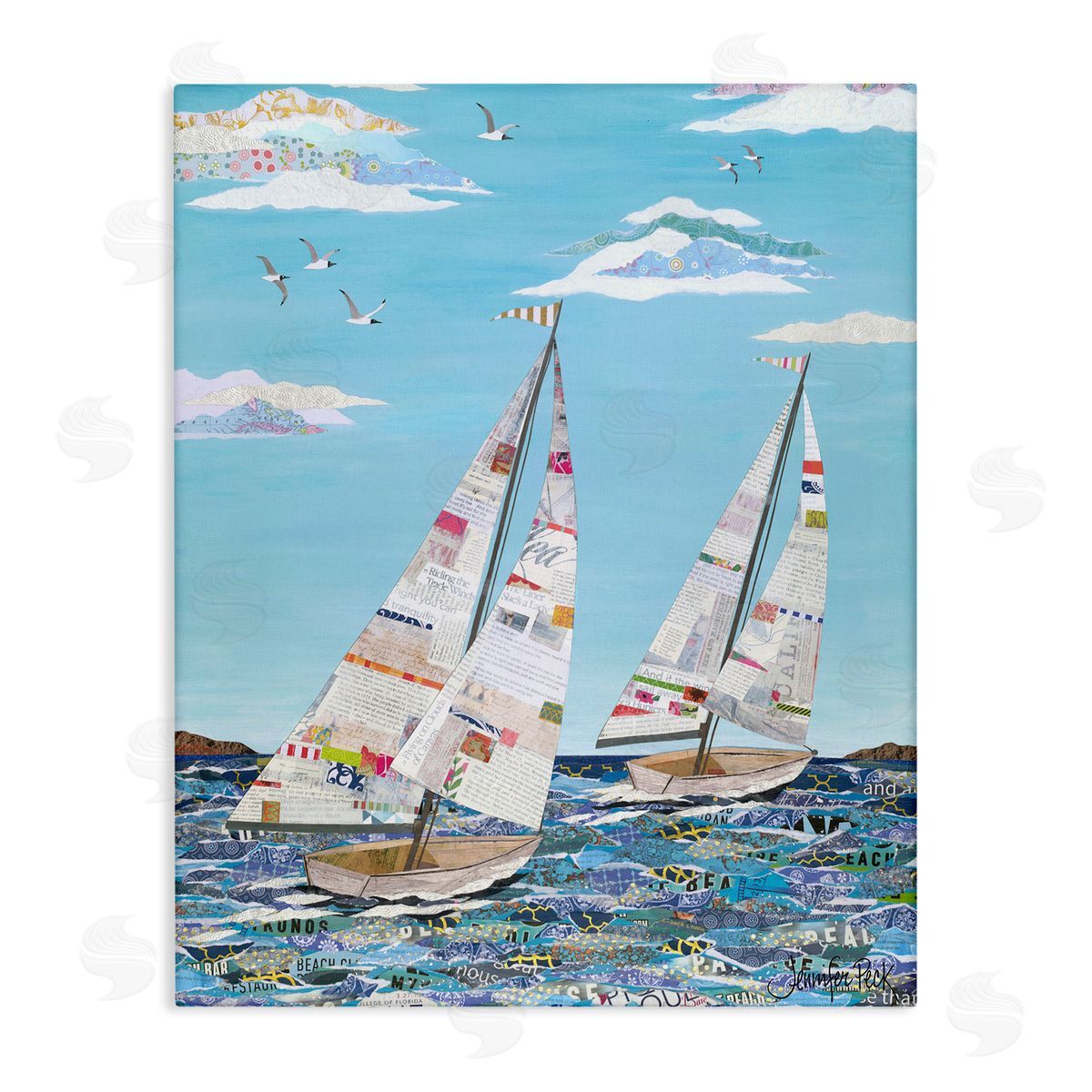 Collaged Sailboat Pair Canvas Wall Art, Home Decor by Jennifer Peck