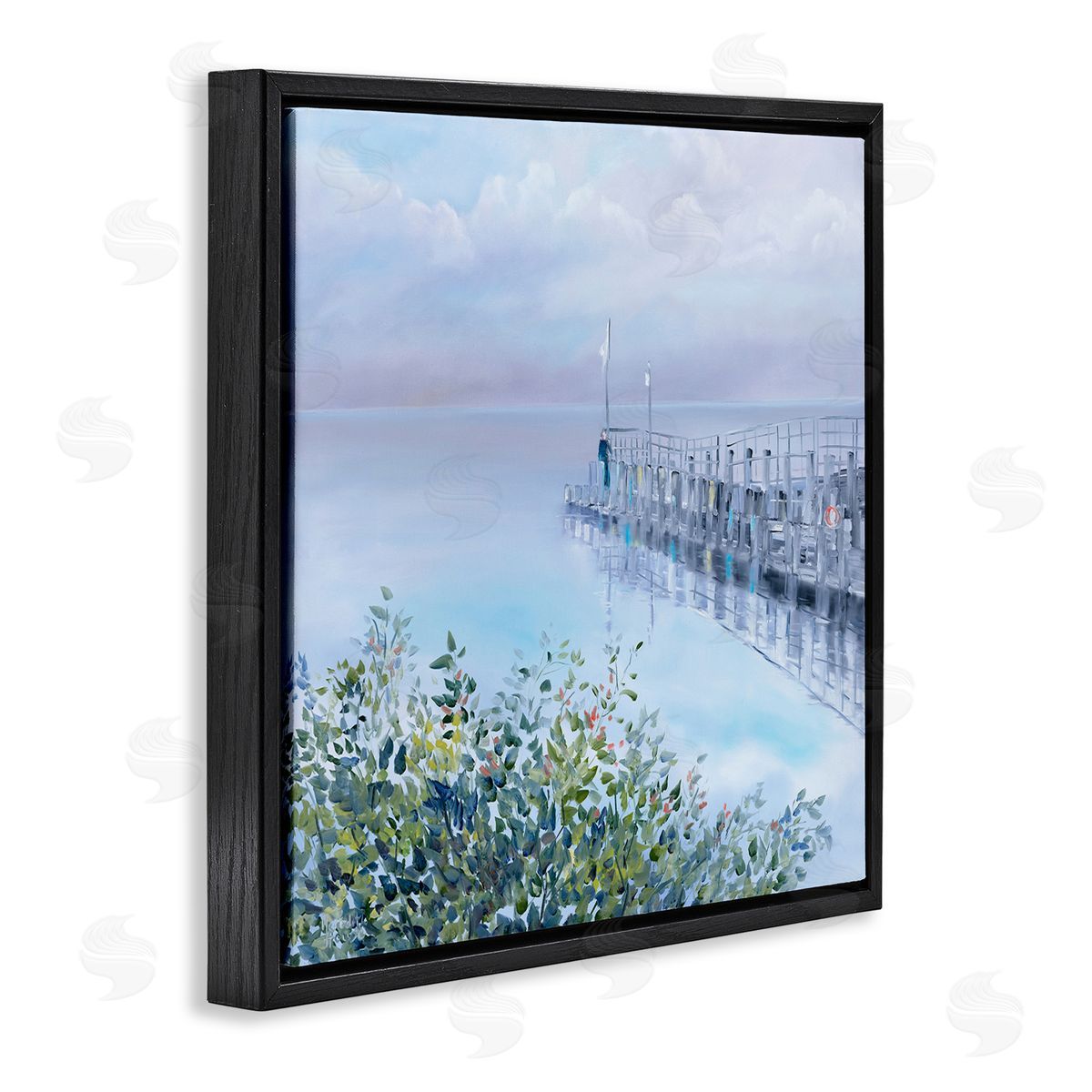 Foggy Harbor Dock Black Floating Frame Canvas Wall Art, Home Decor by Meredith Howse