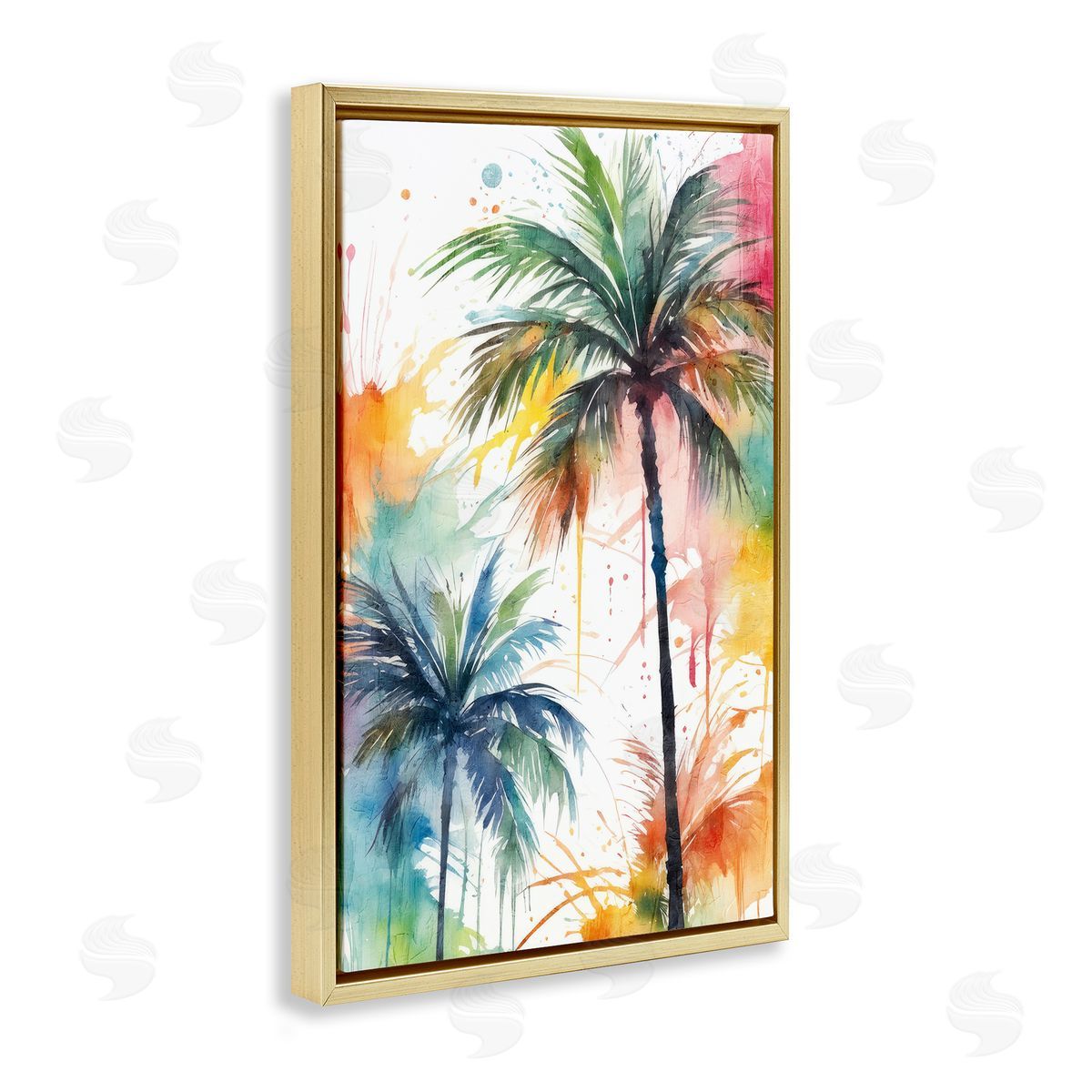 Splashed Palm Trees Gold Floating Frame Canvas Wall Art, Home Decor by Kim Allen