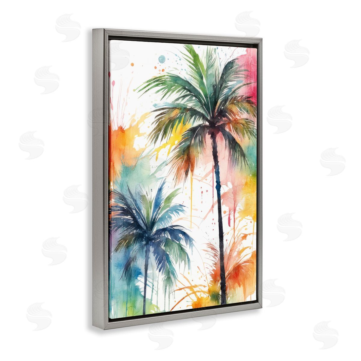 Splashed Palm Trees Grey Floating Frame Canvas Wall Art, Home Decor by Kim Allen