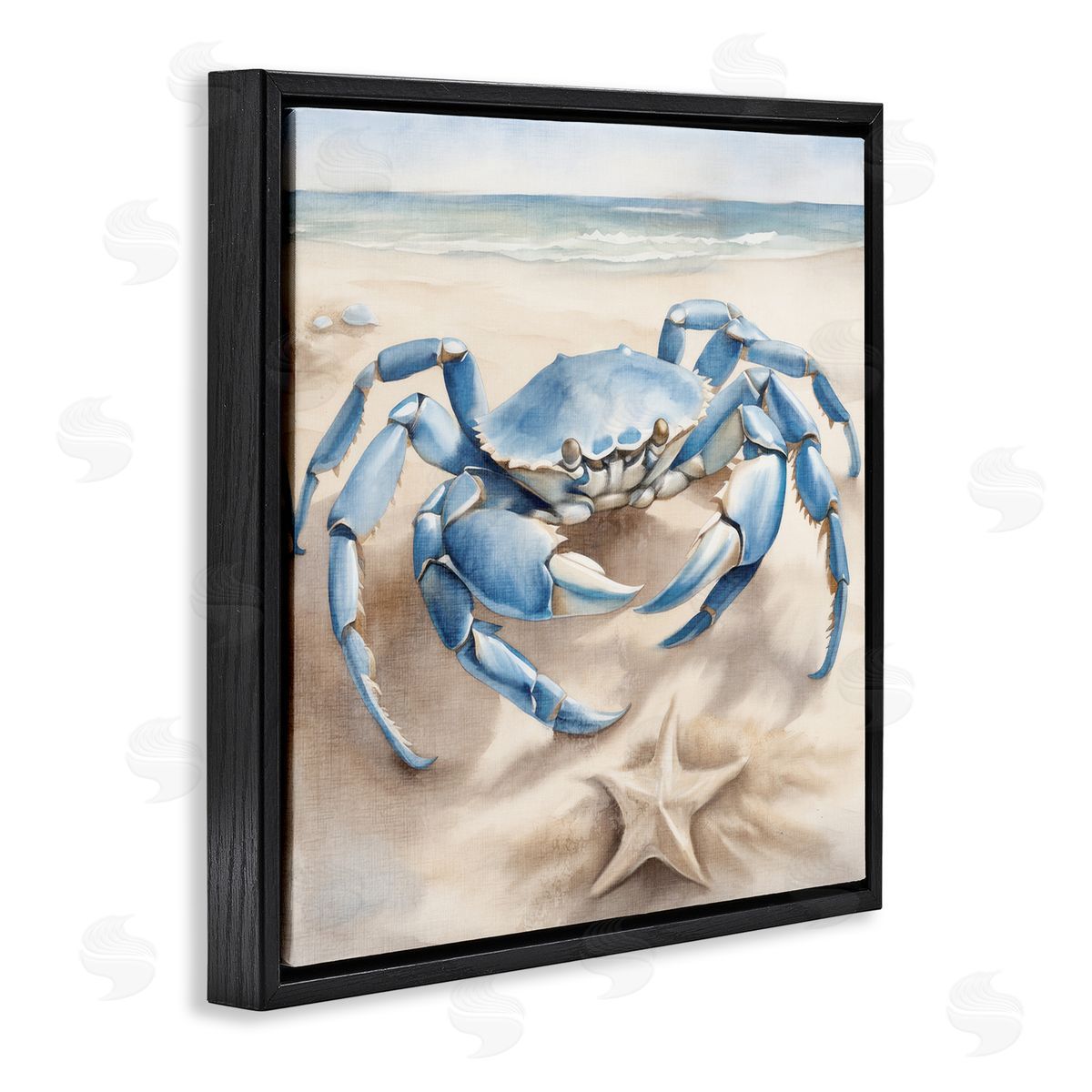 Crab and Starfish on Beach Black Floating Frame Canvas Wall Art, Home Decor by Kim Allen