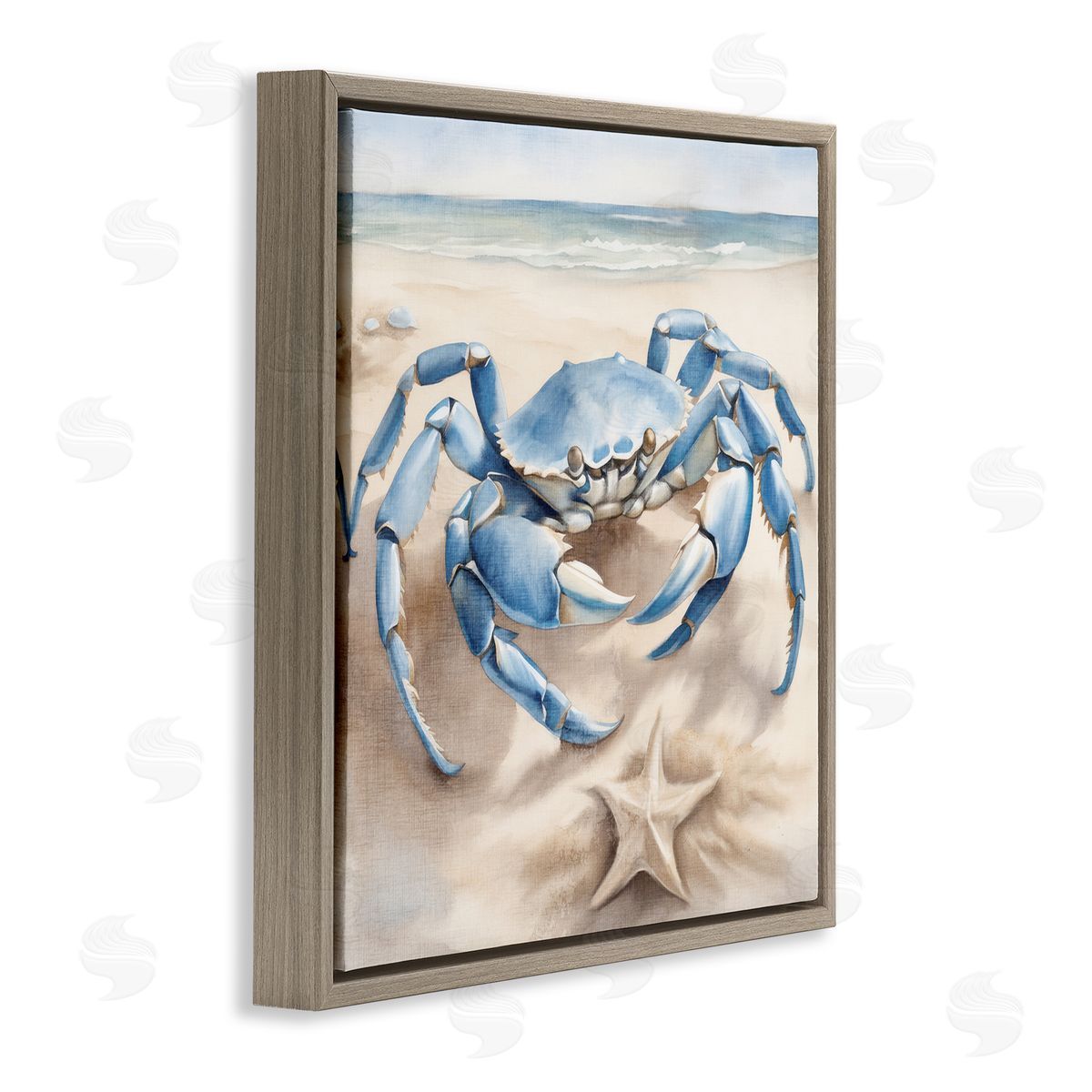 Crab and Starfish on Beach Brown Floating Frame Canvas Wall Art, Home Decor by Kim Allen