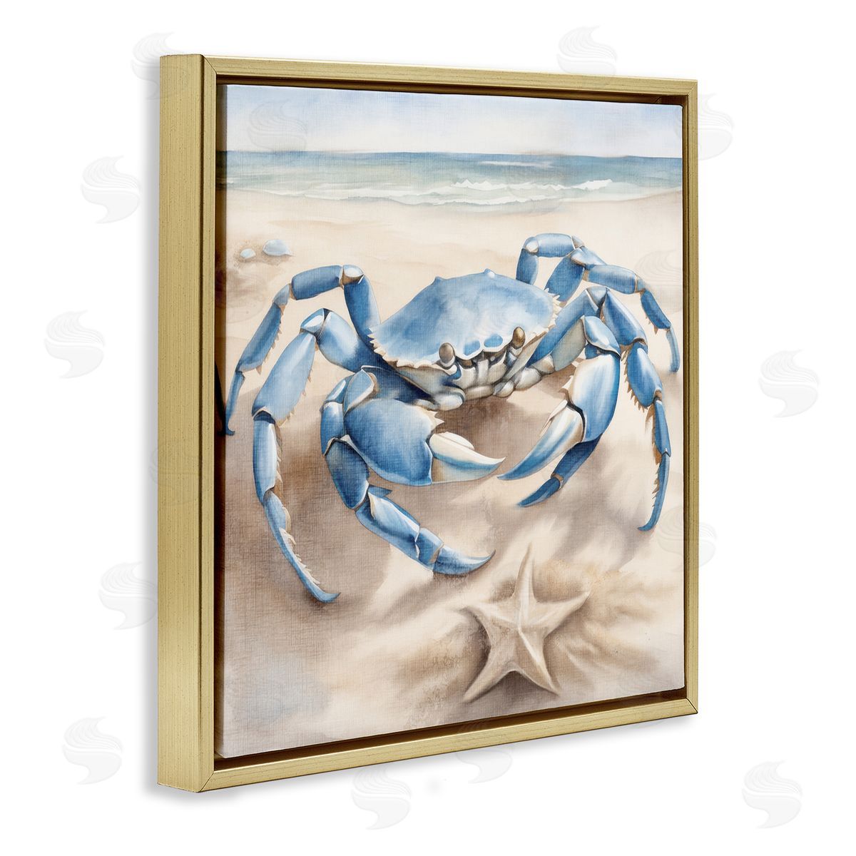 Crab and Starfish on Beach Gold Floating Frame Canvas Wall Art, Home Decor by Kim Allen