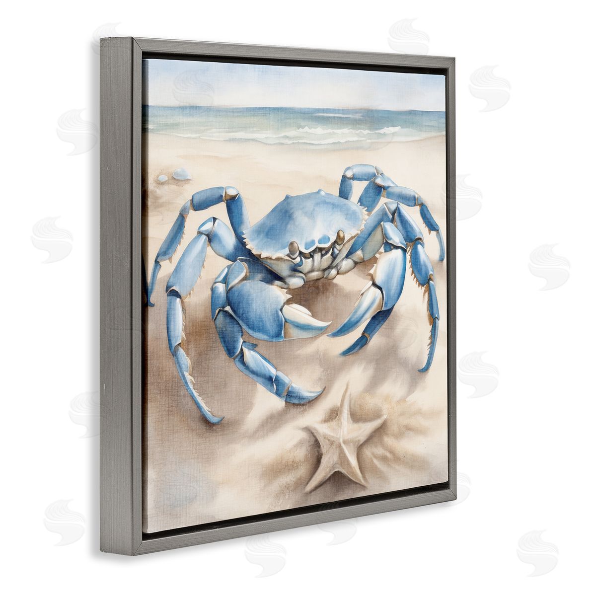 Crab and Starfish on Beach Grey Floating Frame Canvas Wall Art, Home Decor by Kim Allen