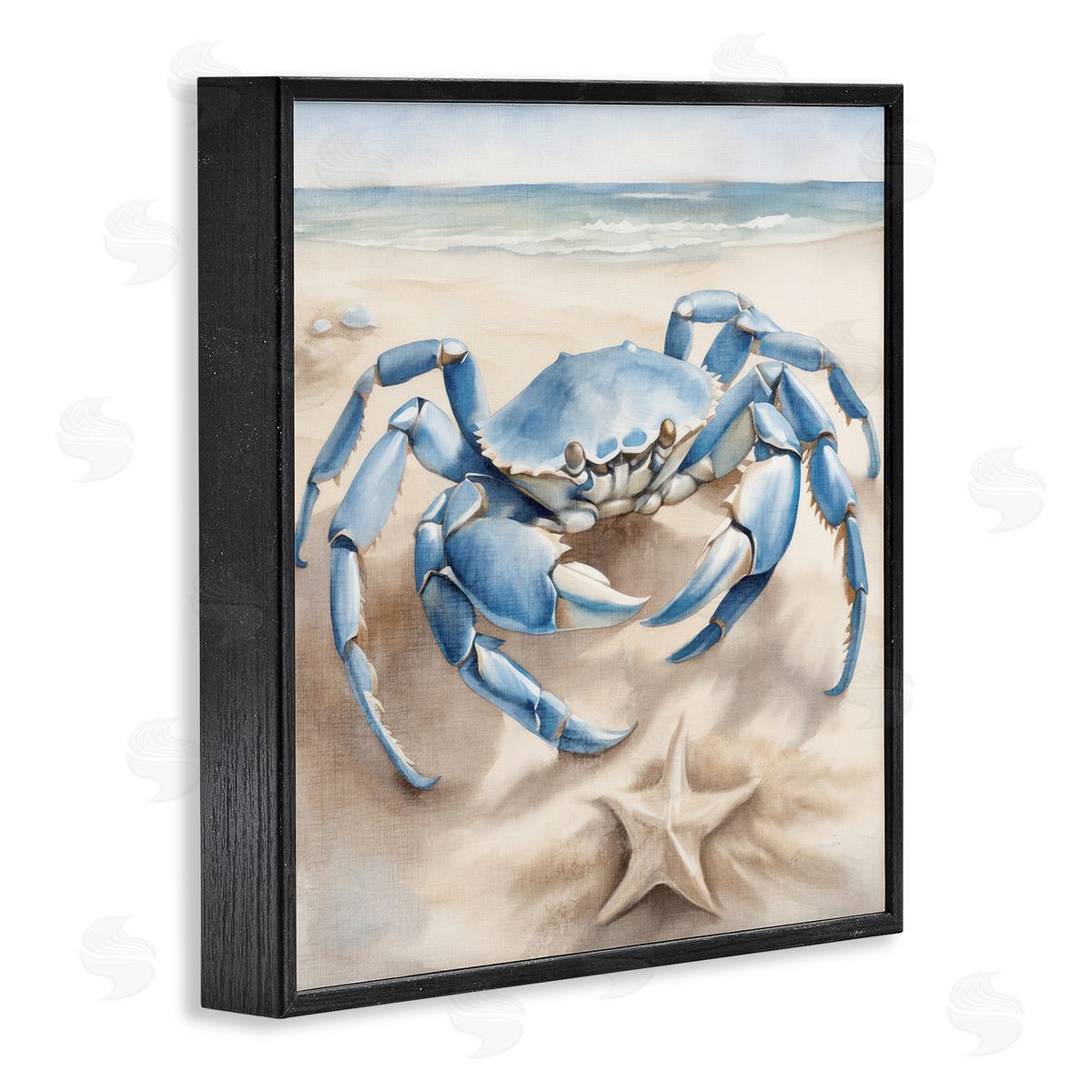Crab and Starfish on Beach Black Frame Print Wall Art, Home Decor by Kim Allen