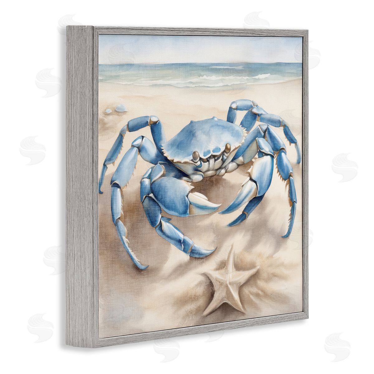 Crab and Starfish on Beach Grey Frame Print Wall Art, Home Decor by Kim Allen