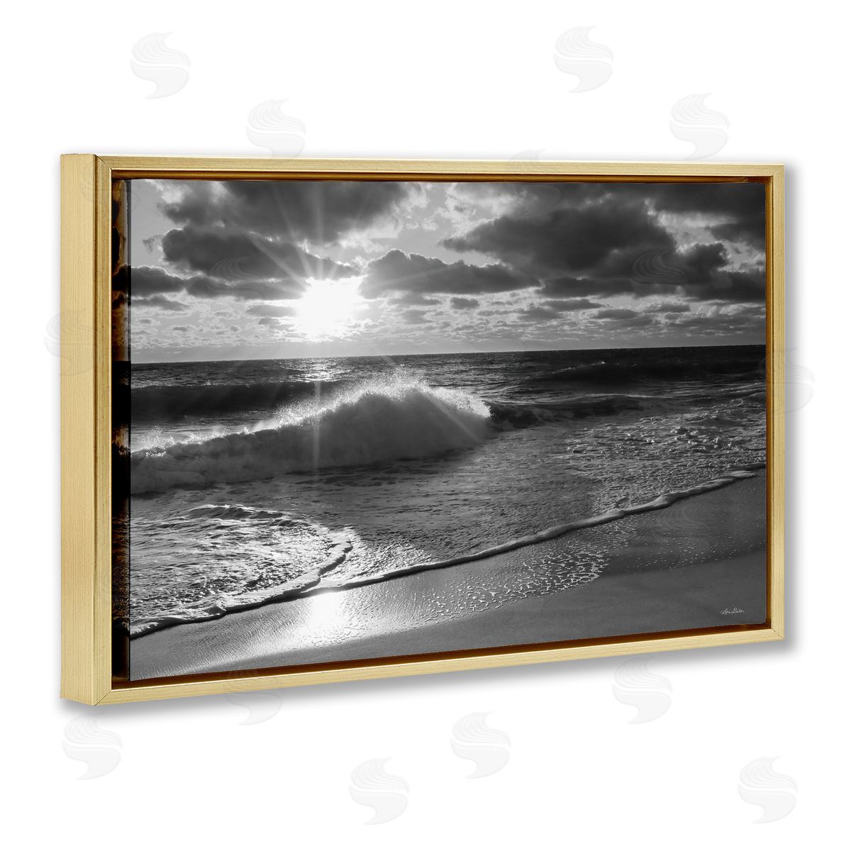 Sunset Crashing Wave Gold Floating Frame Canvas Wall Art, Home Decor by Lori Deiter