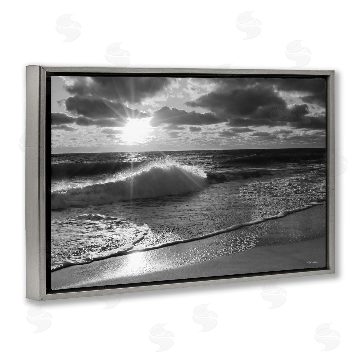 Sunset Crashing Wave Grey Floating Frame Canvas Wall Art, Home Decor by Lori Deiter