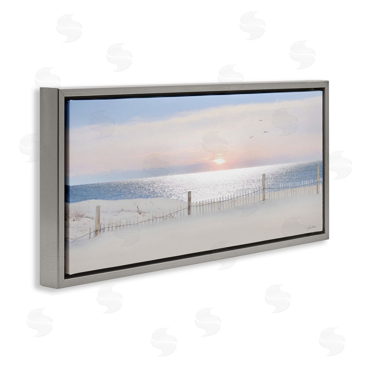Fence Along Shore Grey Floating Frame Canvas Wall Art, Home Decor by Lori Deiter
