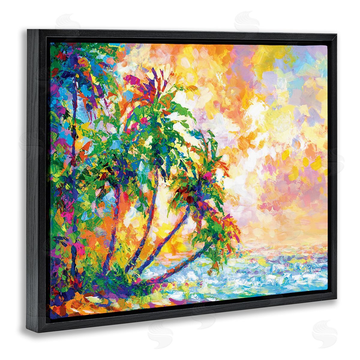 Full Beach Palms Black Floating Frame Canvas Wall Art, Home Decor by Leon Devenice