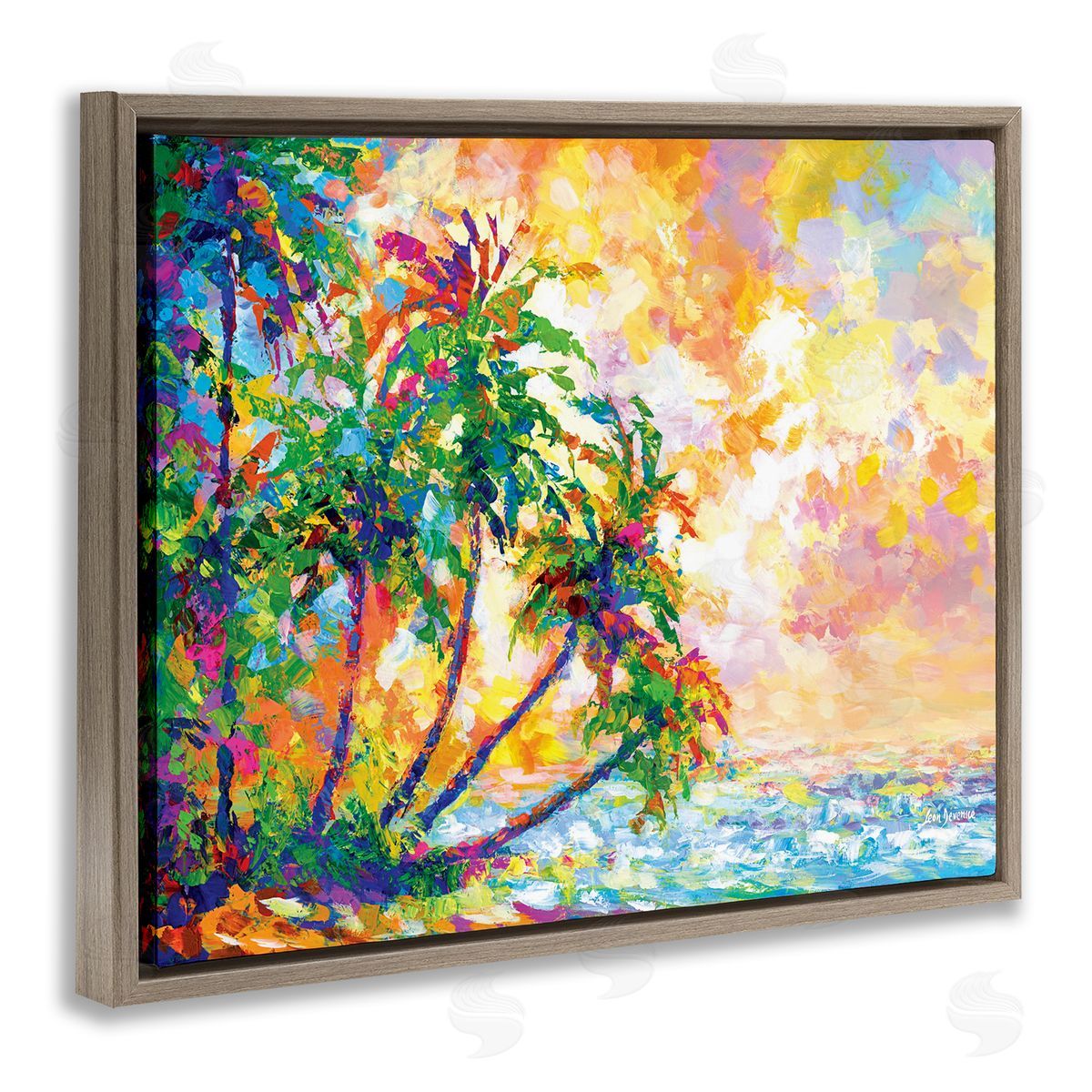Full Beach Palms Brown Floating Frame Canvas Wall Art, Home Decor by Leon Devenice
