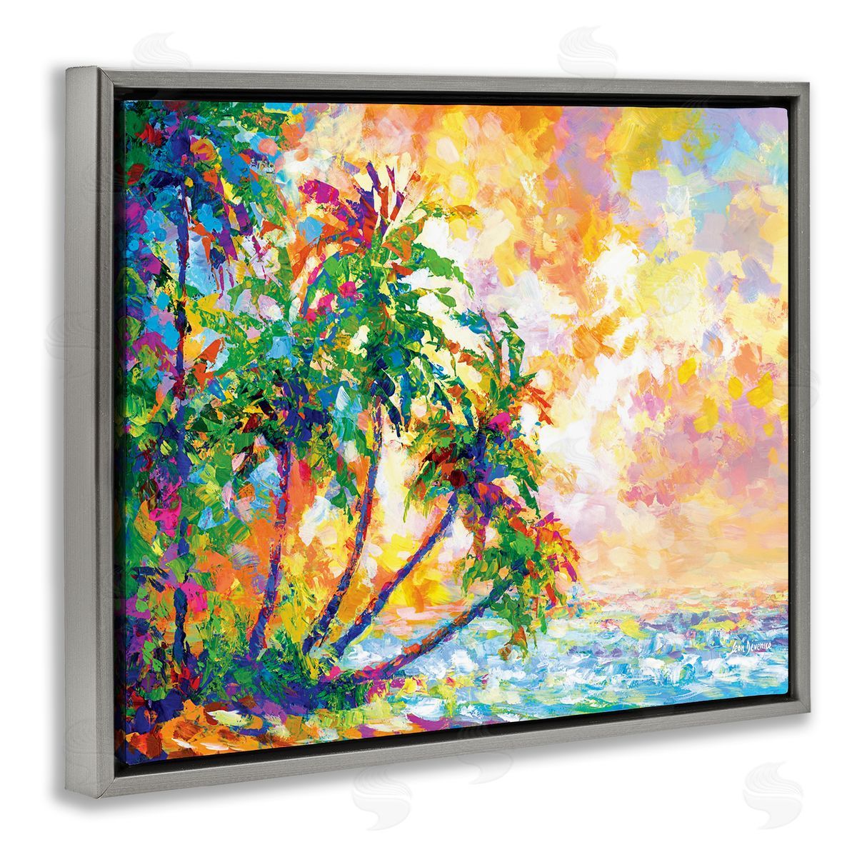 Full Beach Palms Grey Floating Frame Canvas Wall Art, Home Decor by Leon Devenice