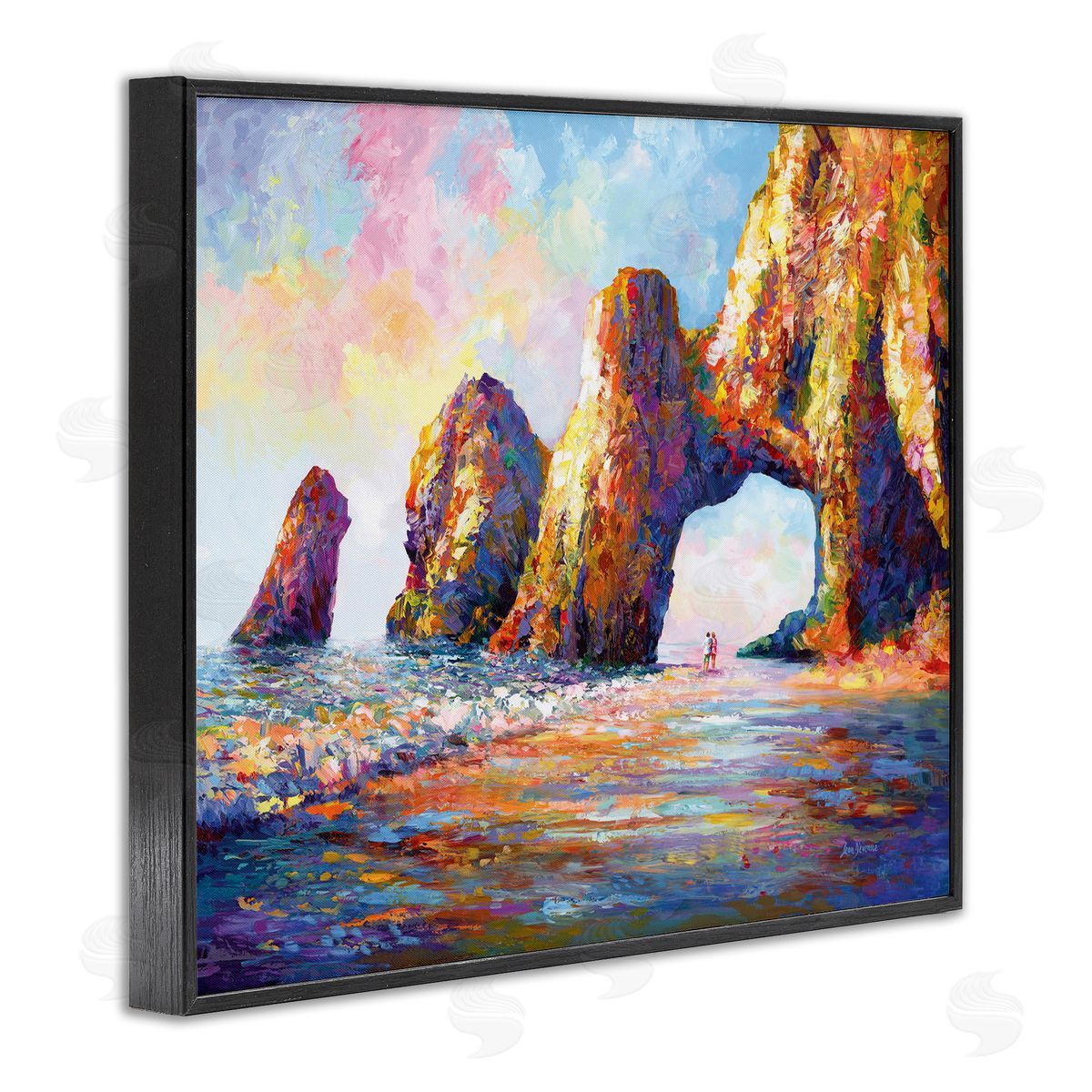 Couple Strolling Beach Arch Black Frame Print Wall Art, Home Decor by Leon Devenice