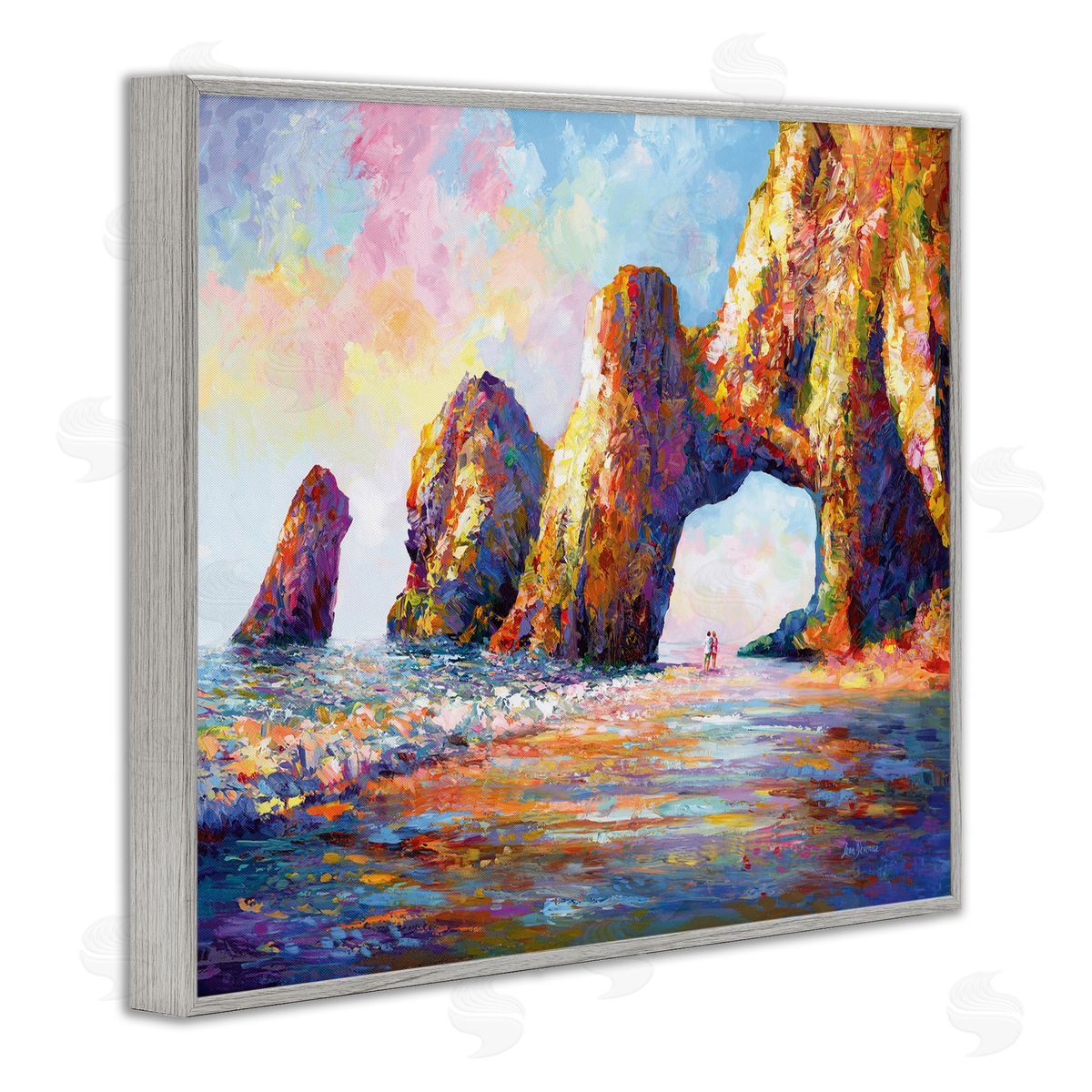 Couple Strolling Beach Arch Grey Frame Print Wall Art, Home Decor by Leon Devenice